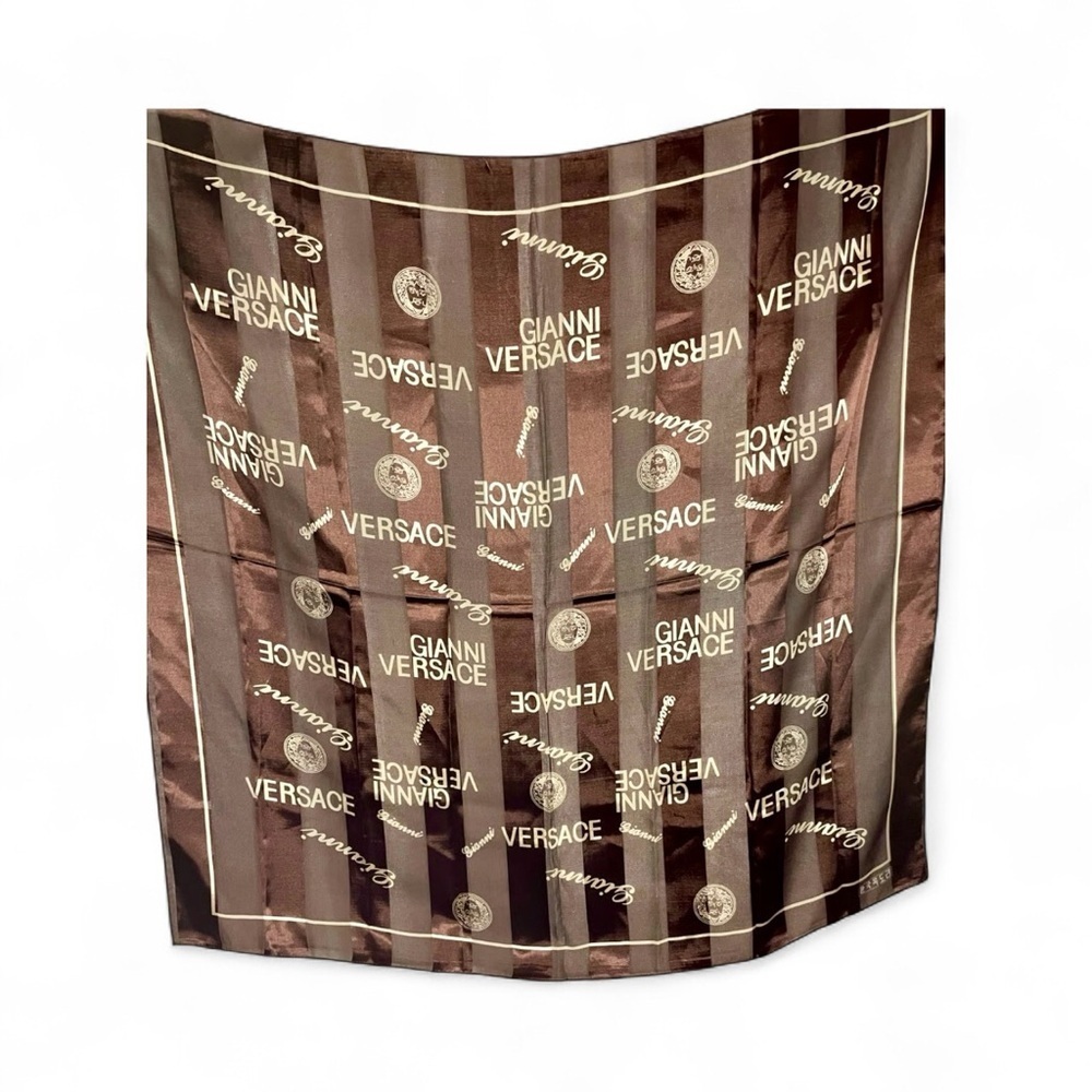 Versace Scarf Vintage 100% Silk Wrap Brown, Medusa Head Motif, 38” x 38” - Picture 2 of 7